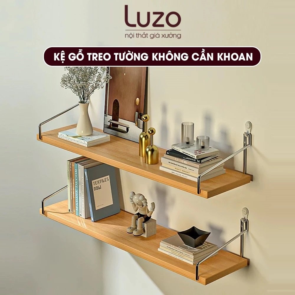 Kệ Gỗ Treo Tường Không Cần Khoan Kèm Phụ Kiện Luzo Home