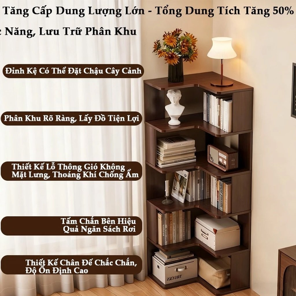 Kệ Sách Góc Tường 4 Tầng 40cm Gỗ Óc Chó