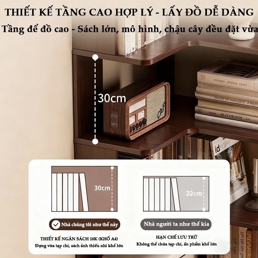 Kệ Sách Góc Tường 4 Tầng 40cm Gỗ Óc Chó
