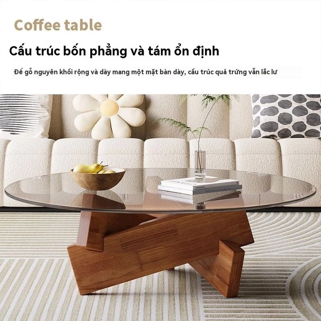 Bàn Trà Sofa Mặt Kính Chân Gỗ Tự Nhiên