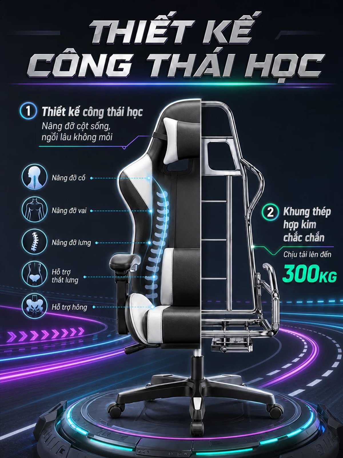 Ghế Gaming Công Thái Học AIODIY, Đệm Latex 8cm, Ngả Lưng