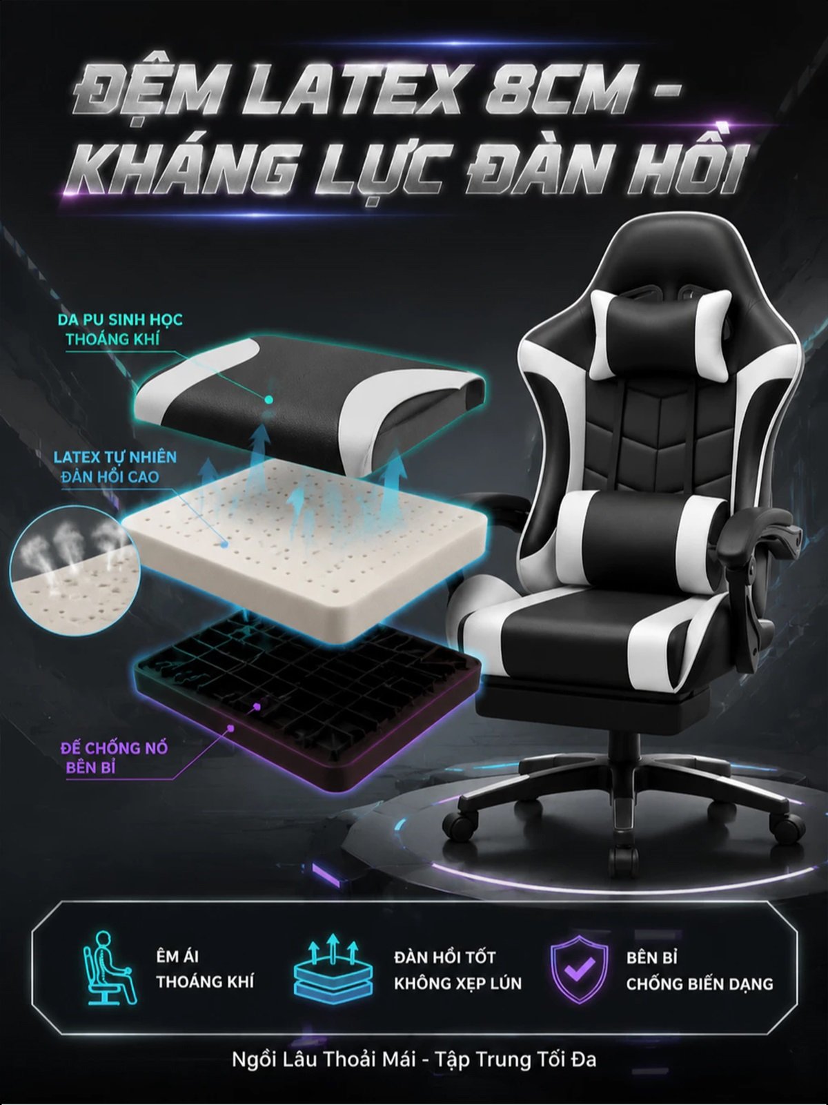 Ghế Gaming Công Thái Học AIODIY, Đệm Latex 8cm, Ngả Lưng