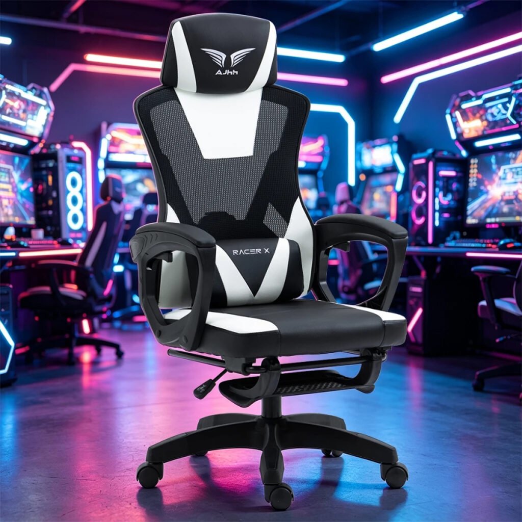 Ghế Gaming Công Thái Học Lưng Lưới, Đệm Da PU, Ngả 135 Độ, Có Gác Chân, Xoay 360 Độ, Nâng Hạ