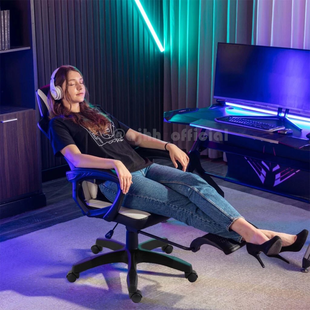 Ghế Gaming Công Thái Học Lưng Lưới, Đệm Da PU, Ngả 135 Độ, Có Gác Chân, Xoay 360 Độ, Nâng Hạ