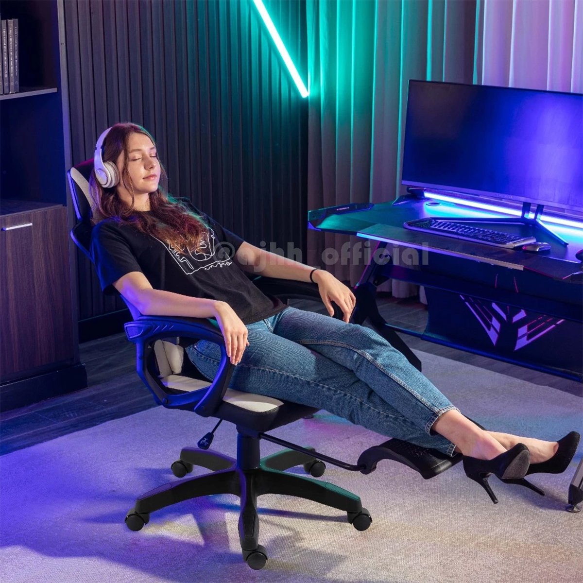 Ghế Gaming Công Thái Học Lưng Lưới, Đệm Da PU, Ngả 135 Độ, Có Gác Chân, Xoay 360 Độ, Nâng Hạ