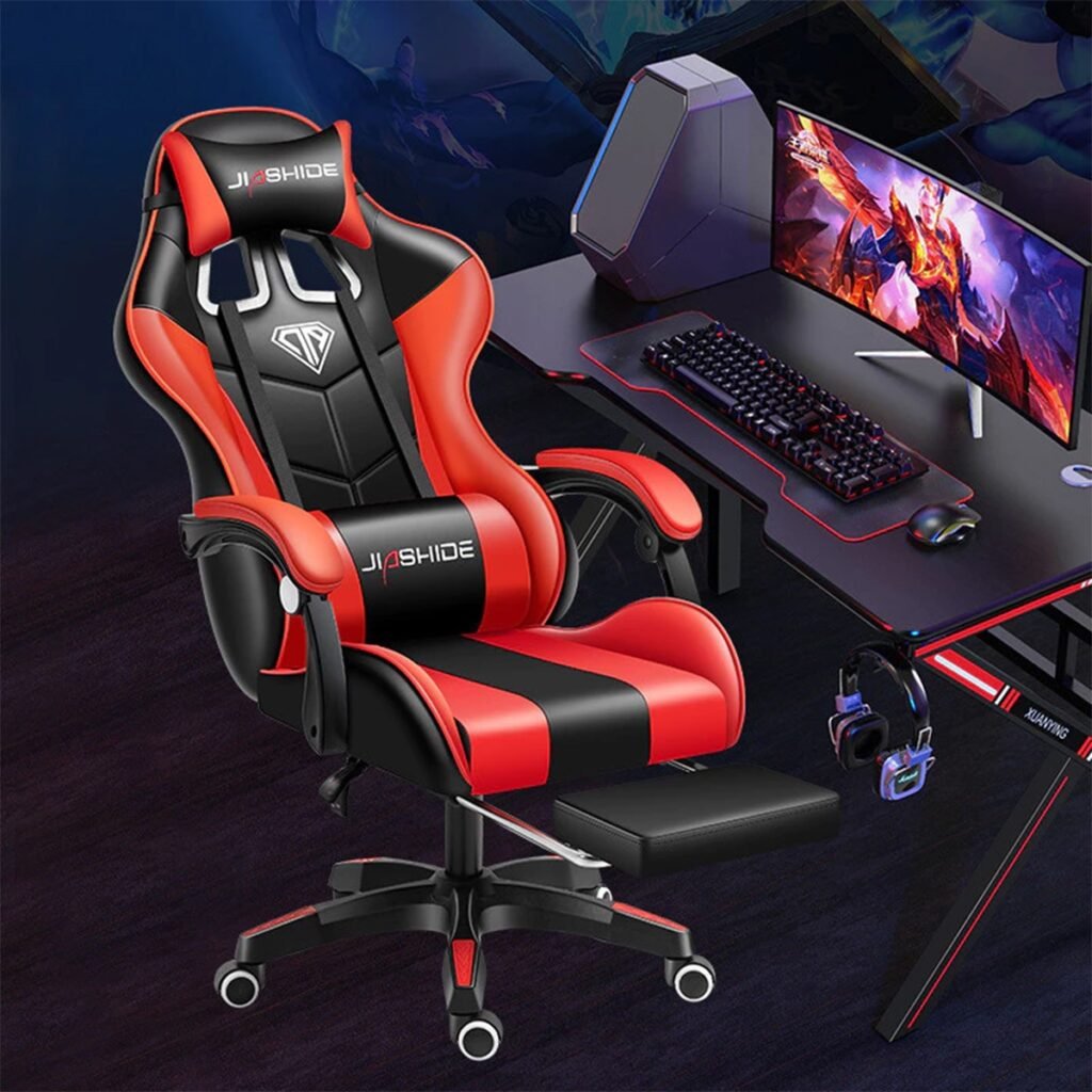 Ghế Gaming Công Thái Học Ngả Lưng, Đệm Da PU, Gối Đầu Lưng, Xoay 360 Độ, Tùy Chọn Gác Chân