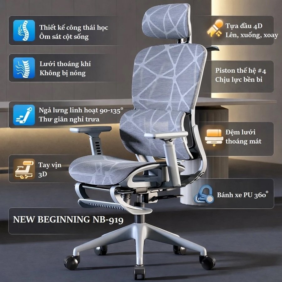 Ghế Văn Phòng Công Thái Học New Beginning NB-919 Lưng Lưới, Ngả 135°, Có Gác Chân