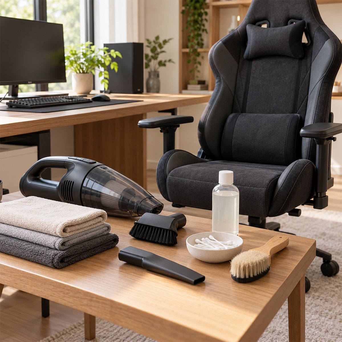 Khăn microfiber, máy hút bụi đầu mềm, bàn chải và tăm bông dùng để vệ sinh ghế gaming