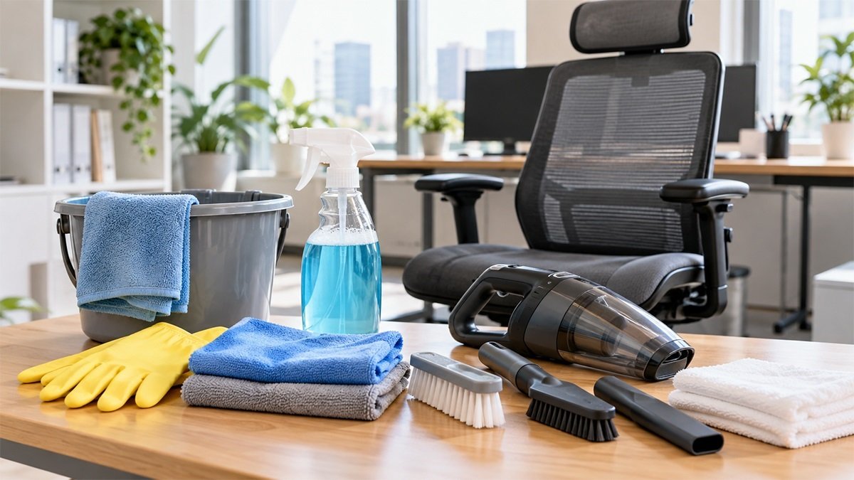 Bộ dụng cụ vệ sinh ghế văn phòng gồm máy hút bụi, khăn microfiber, bàn chải và dung dịch làm sạch