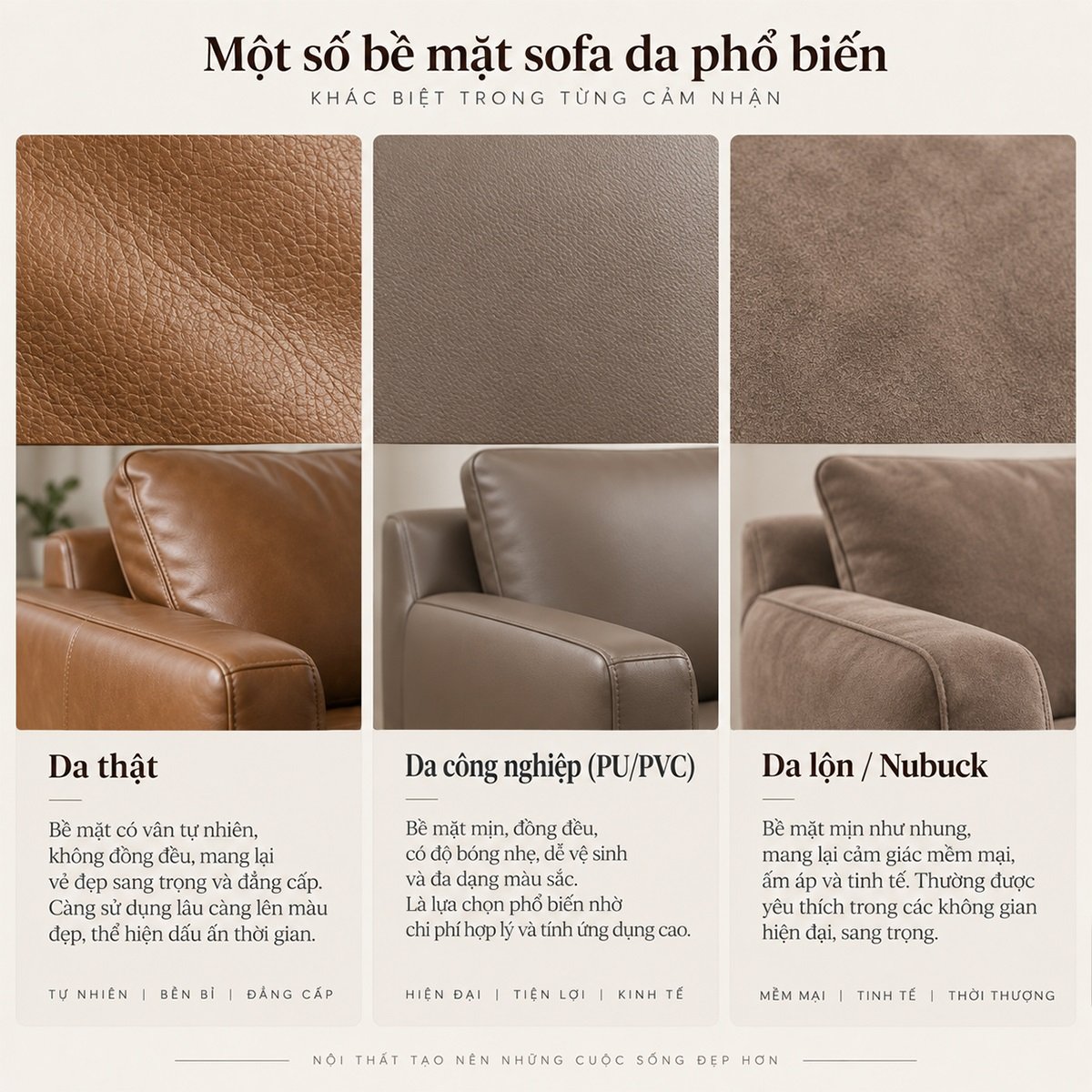 Các loại bề mặt sofa da phổ biến