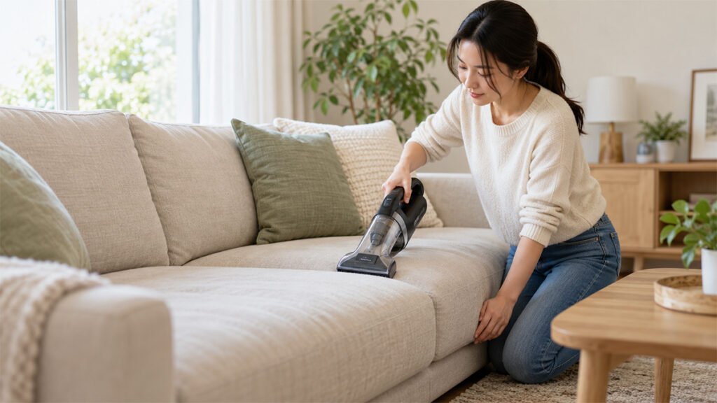 Người dùng vệ sinh sofa vải tại nhà bằng máy hút bụi