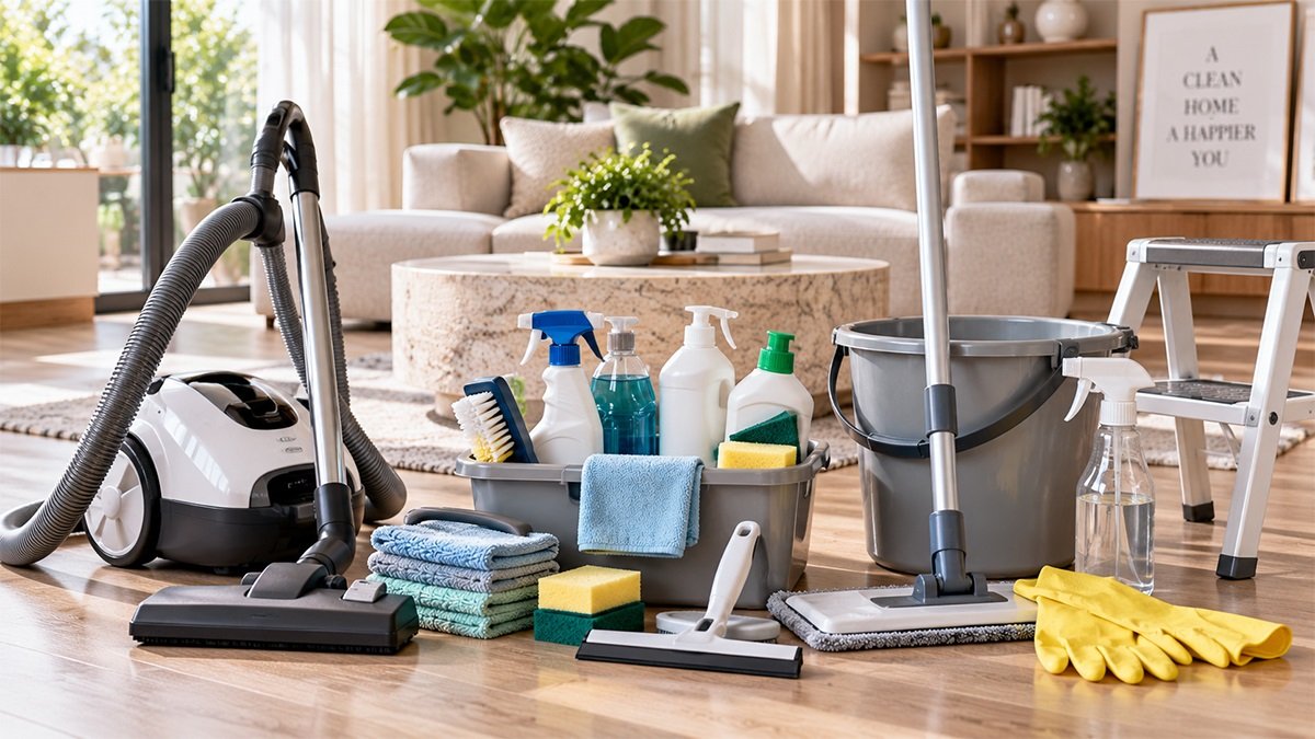 Các dụng cụ vệ sinh nhà cửa cơ bản như khăn microfiber, máy hút bụi và cây lau nhà