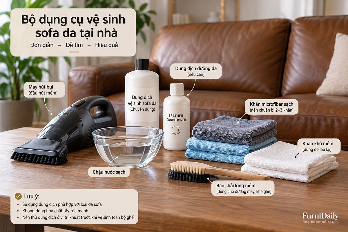 Dụng cụ vệ sinh sofa da tại nhà
