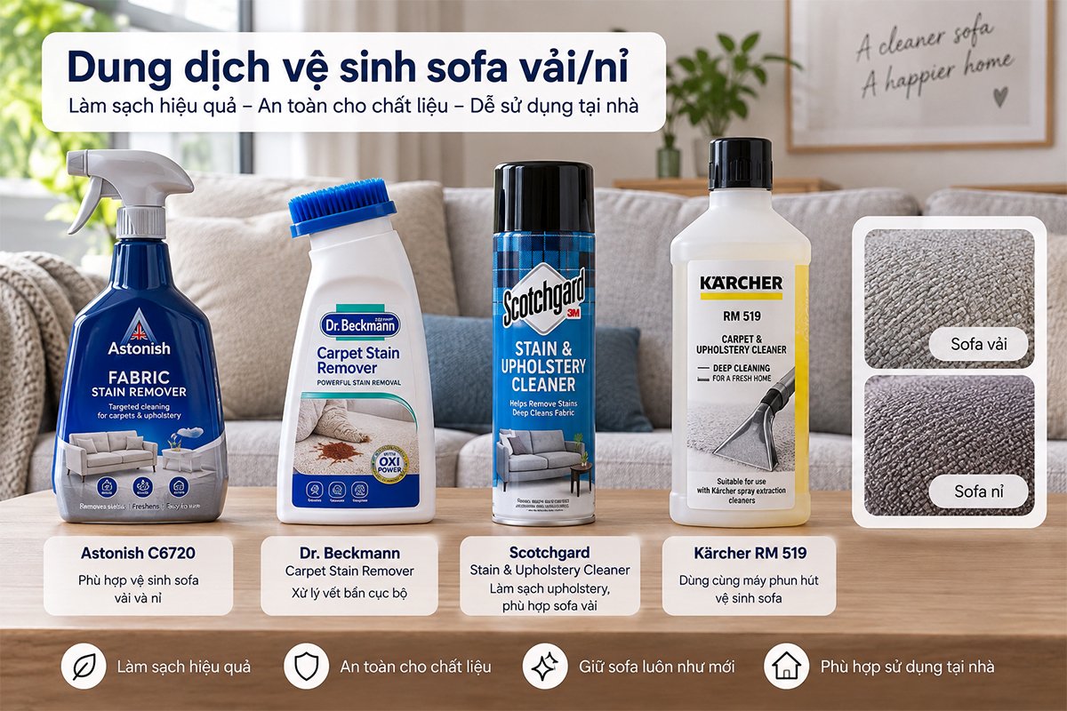Các dung dịch vệ sinh sofa vải và sofa nỉ phổ biến năm 2026