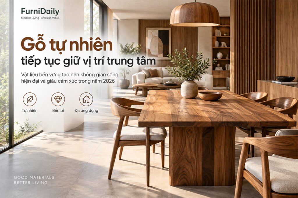 Gỗ tự nhiên tiếp tục giữ vị trí trung tâm trong xu hướng vật liệu trang trí nội thất 2026