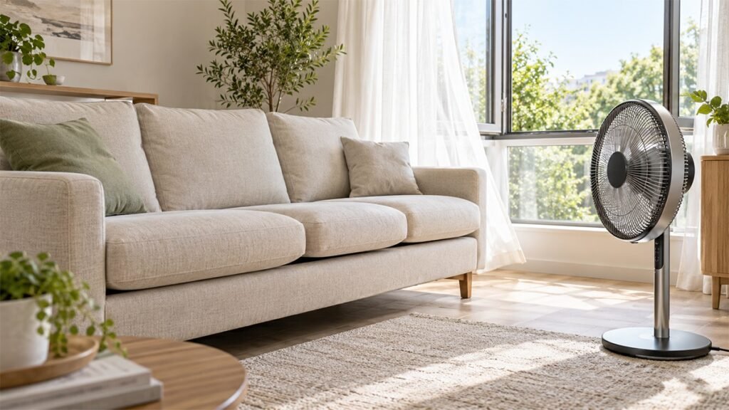 Làm khô sofa vải bằng quạt trong phòng thông thoáng