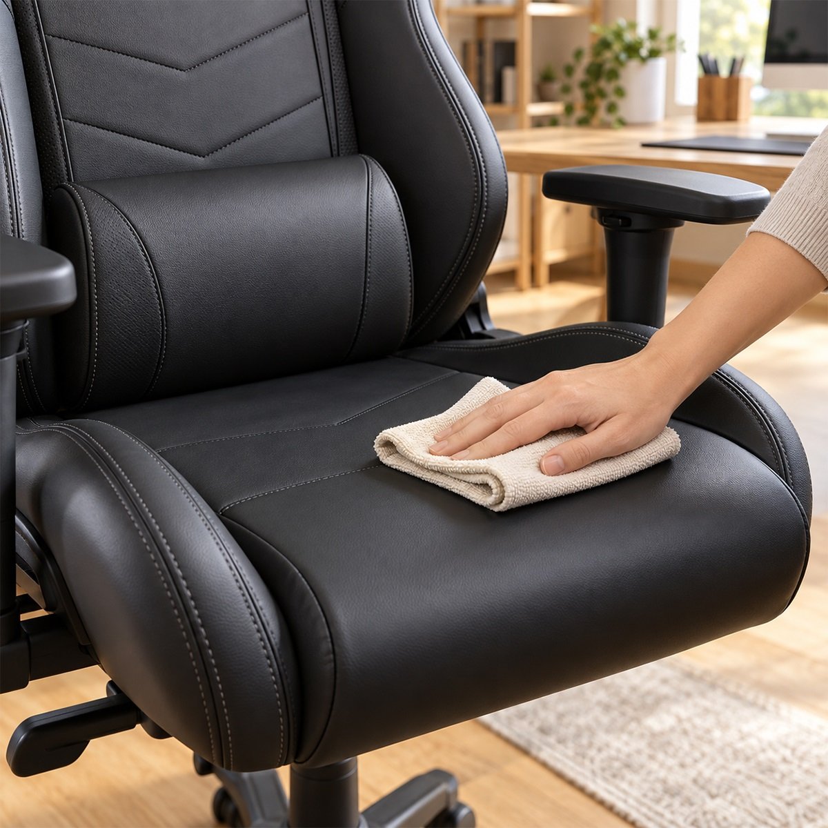 Lau nhẹ mặt ghế gaming da PU bằng khăn microfiber hơi ẩm