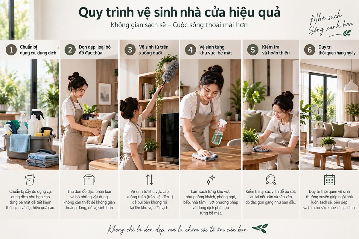 Quy trình vệ sinh nhà cửa hiệu quả theo từng bước