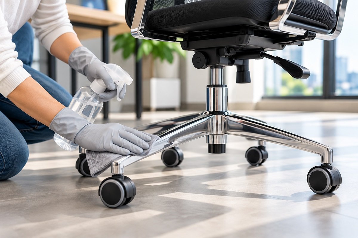 Vệ sinh chân và khung kim loại của ghế văn phòng bằng khăn microfiber