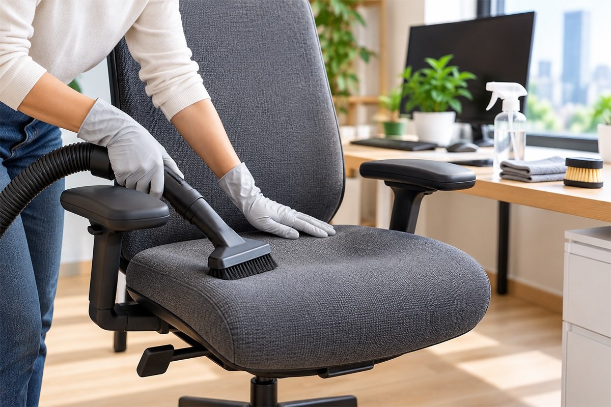 Làm sạch ghế văn phòng bọc vải nỉ bằng máy hút bụi và đầu chổi mềm
