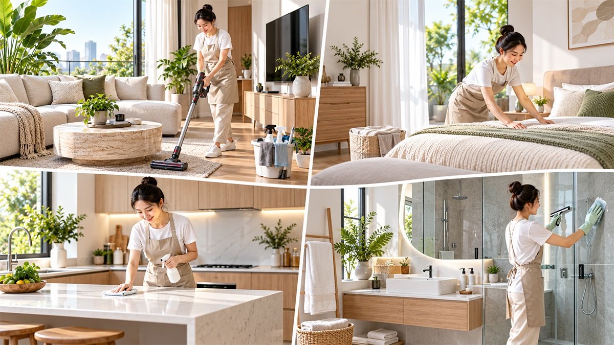 Vệ sinh nhà cửa theo từng khu vực phòng khách, phòng ngủ, bếp và phòng tắm