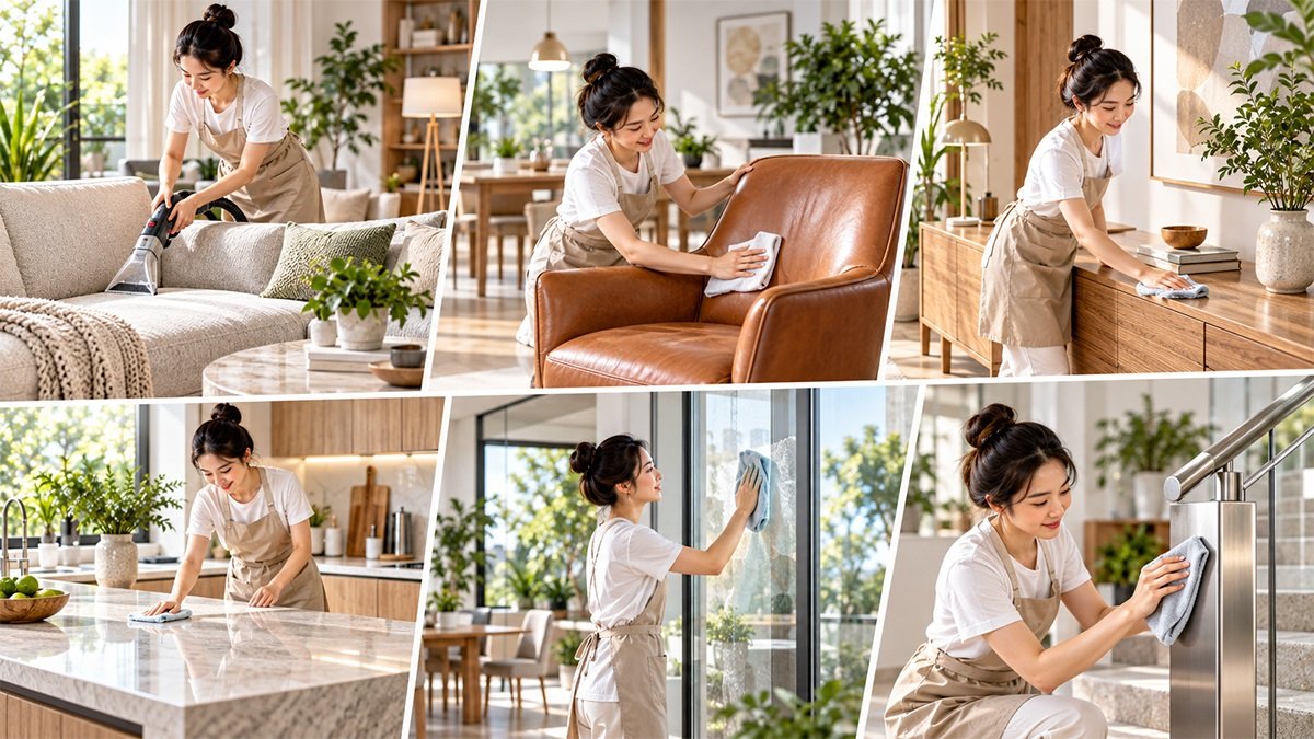 Vệ sinh nội thất theo từng chất liệu như vải, da, gỗ, đá, kính và kim loại