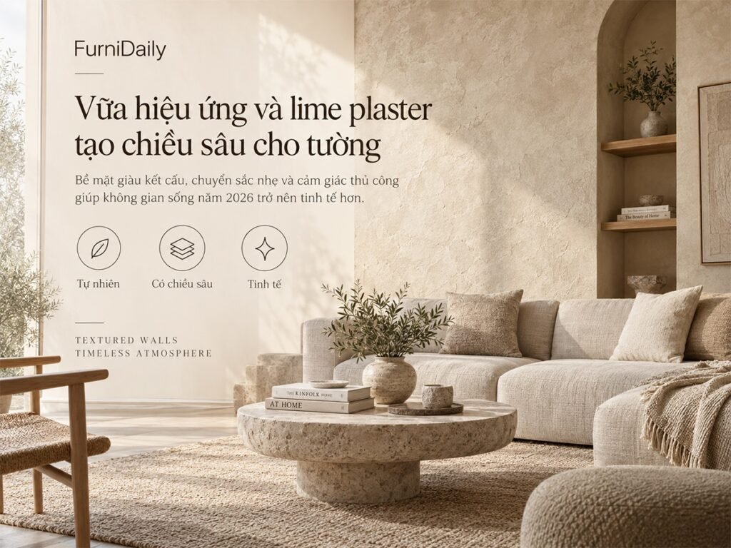 Vữa hiệu ứng và lime plaster tạo chiều sâu cho tường trong xu hướng nội thất 2026