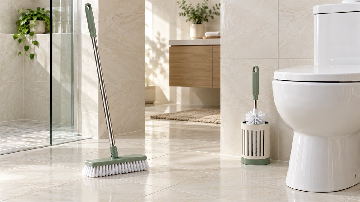 Bàn chải sàn cán dài và bộ cọ toilet có giá đỡ riêng, đặt tách biệt trong phòng tắm hiện đại.