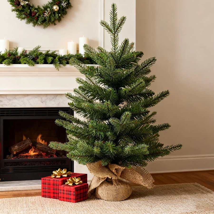 Cây Thông Noel Mini Để Bàn Đế Bọc Vải Bố