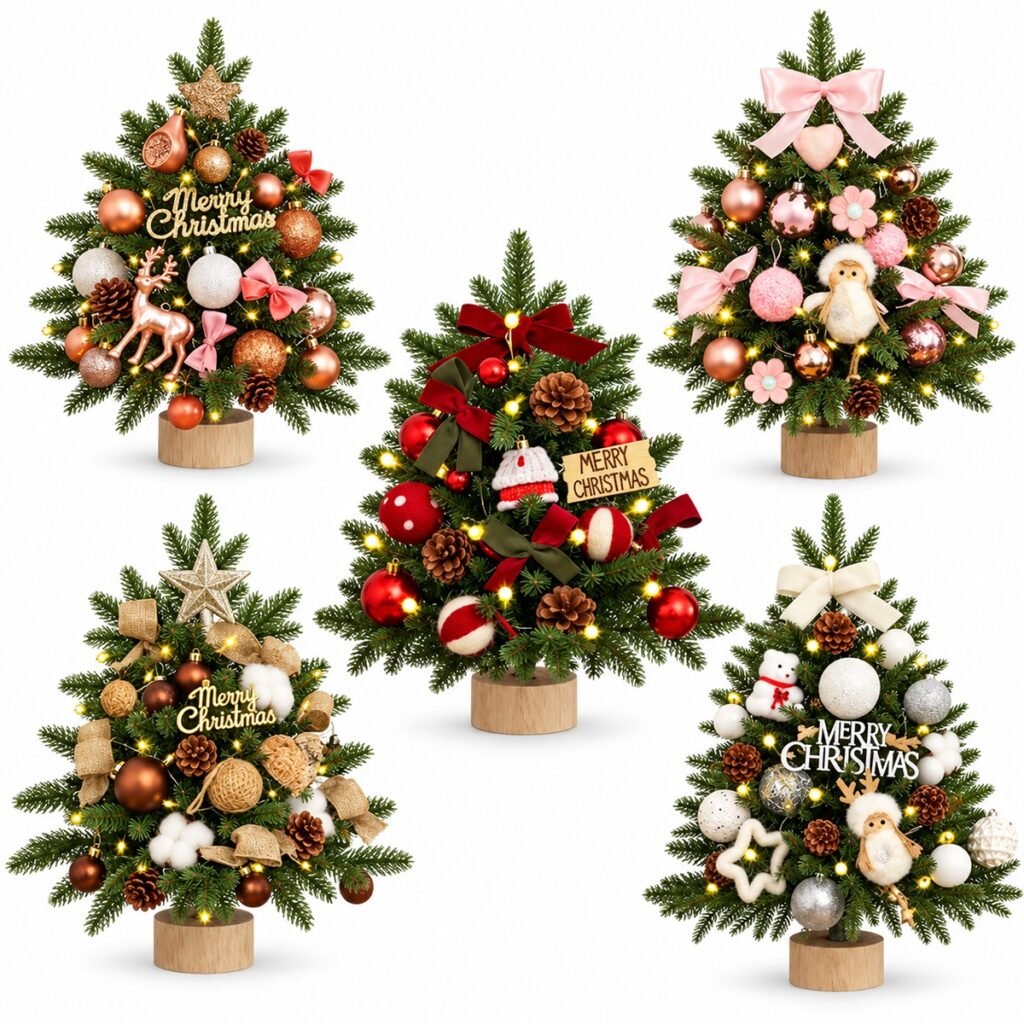 Cây Thông Noel Mini Để Bàn Kèm Đèn LED Và Phụ Kiện Trang Trí