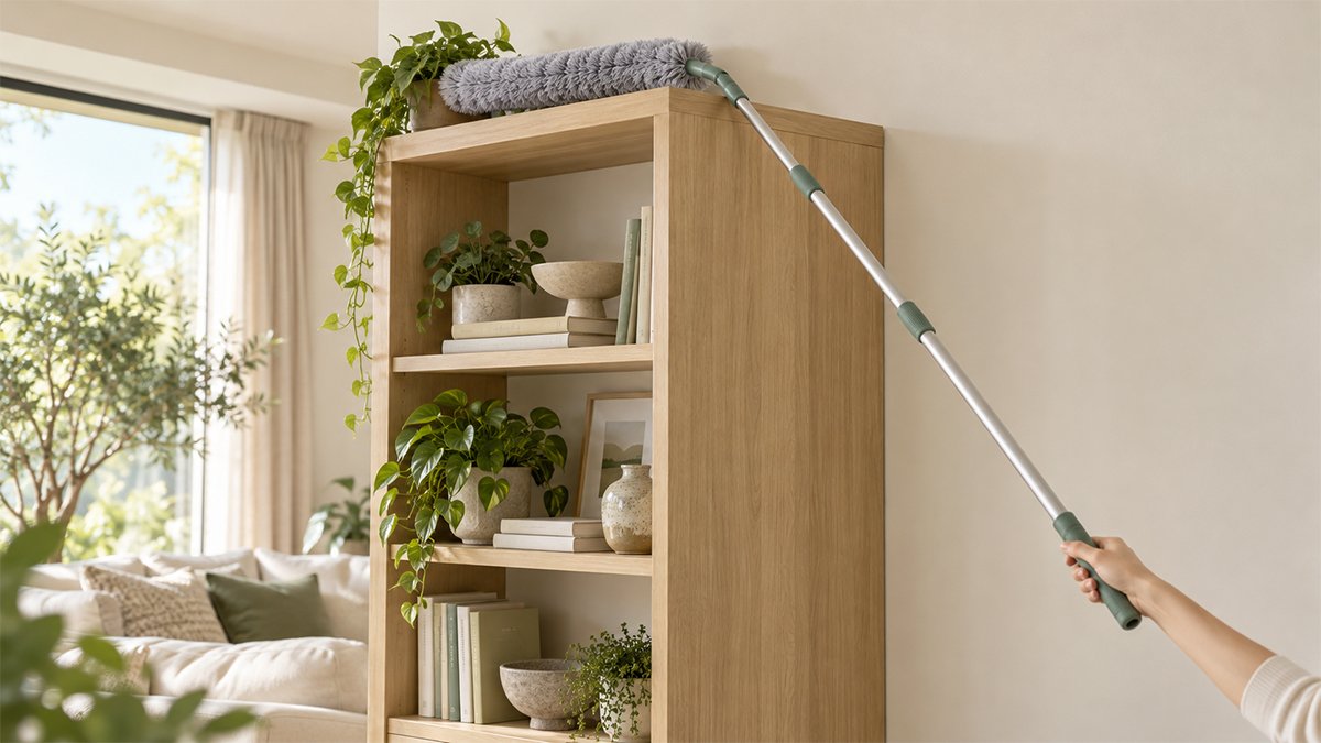 Chổi phủi bụi cán dài với đầu microfiber đang làm sạch nóc kệ gỗ cao trong phòng khách.