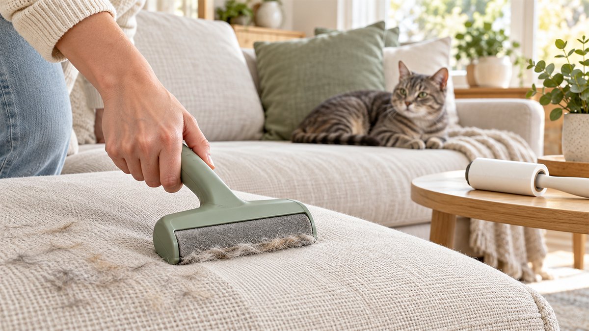 Dụng cụ gom lông thú cưng trên sofa vải, bên cạnh cây lăn bụi và mèo nằm ở hậu cảnh.