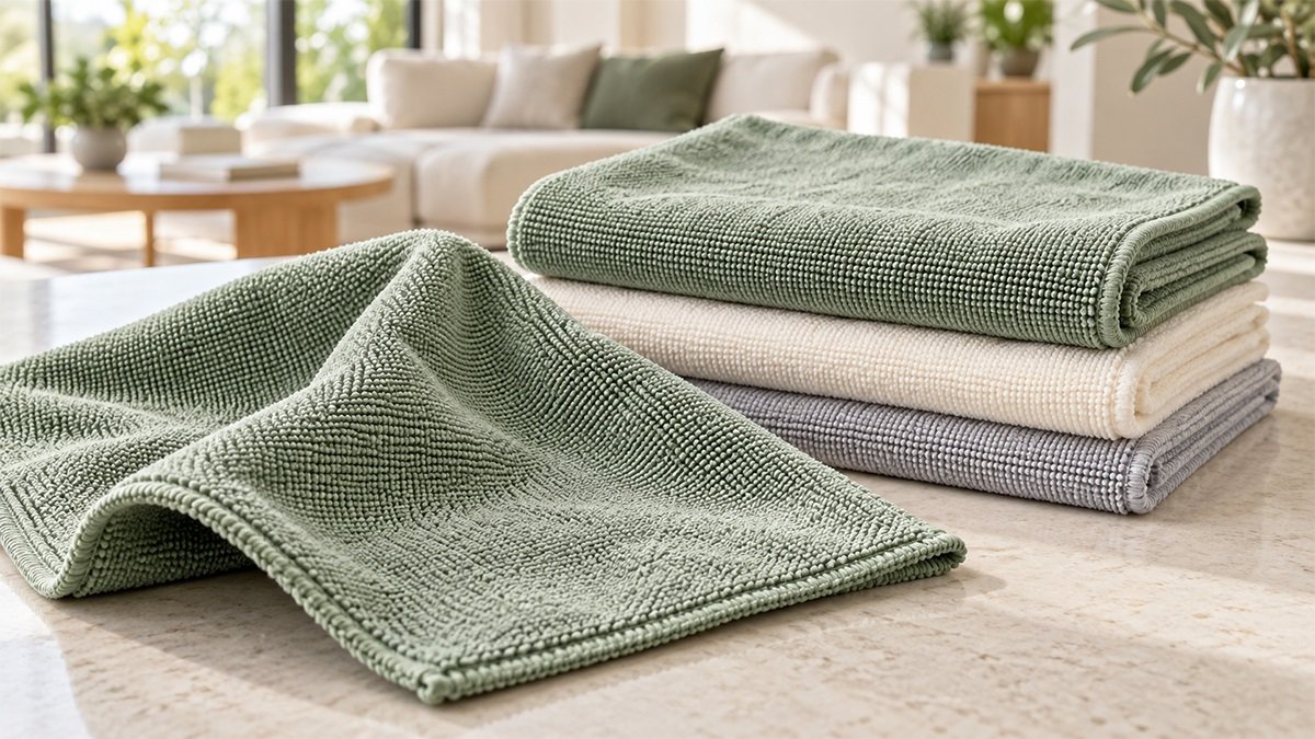 Khăn lau microfiber màu xanh, kem và xám đặt trên mặt bàn đá.