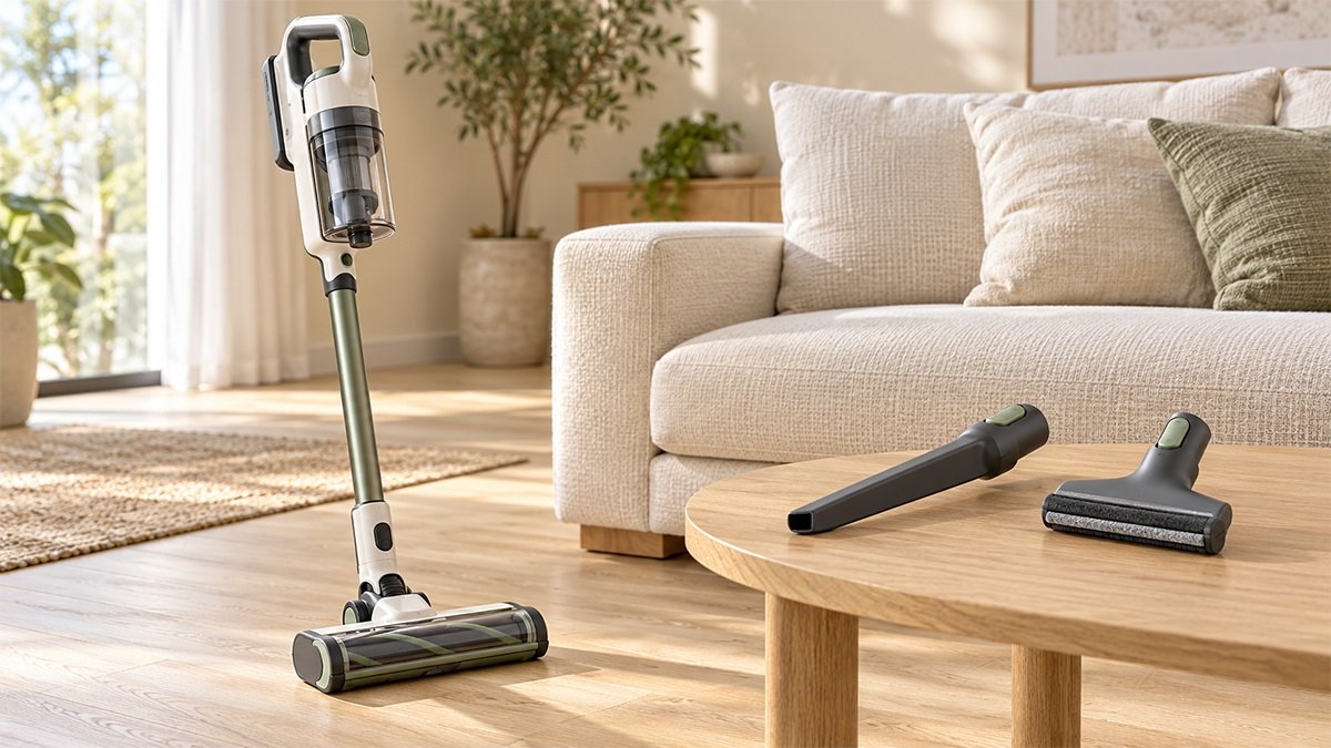 Máy hút bụi đặt cạnh sofa, kèm đầu hút khe hẹp và đầu hút vải bọc trên bàn gỗ.