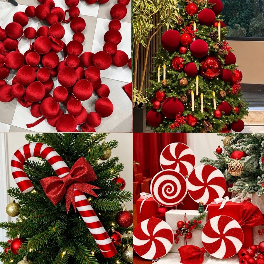 Phụ Kiện Trang Trí Noel Đỏ Trắng – Kẹo Gậy, Kẹo Xoáy, Nơ Và Quả Châu