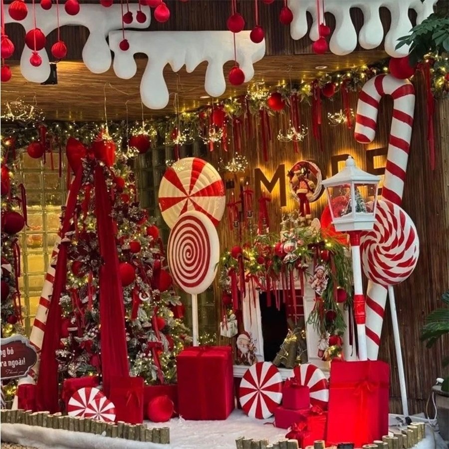 Phụ Kiện Trang Trí Noel Đỏ Trắng – Kẹo Gậy, Kẹo Xoáy, Nơ Và Quả Châu