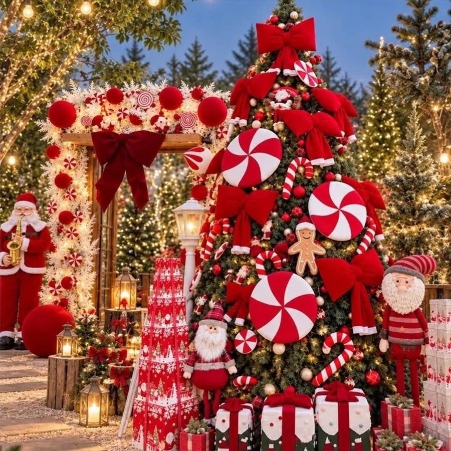 Phụ Kiện Trang Trí Noel Đỏ Trắng – Kẹo Gậy, Kẹo Xoáy, Nơ Và Quả Châu