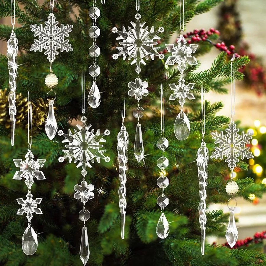 Phụ Kiện Treo Cây Thông Noel Trong Suốt – Bông Tuyết, Ngôi Sao Và Giọt Băng