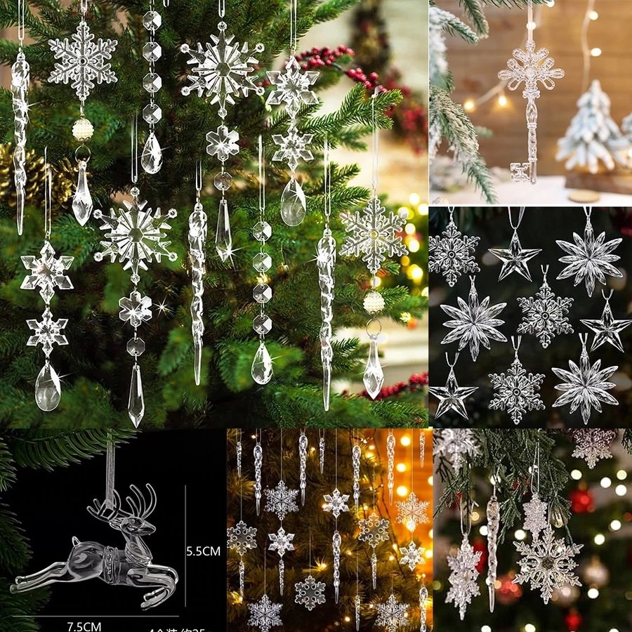 Phụ Kiện Treo Cây Thông Noel Trong Suốt – Bông Tuyết, Ngôi Sao Và Giọt Băng